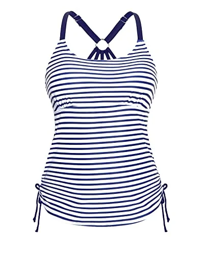 U Neck Tankini Top With Adjustable Strappy Racerback Tank Tops Women-Blue And White Stripes Chic Swimsuit Cover-Up