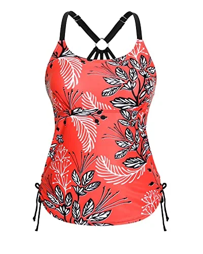 U Neck Tankini Top With Removable Padded Bra Swimsuit Tops For Women-Red Floral Beachy Ruffle Bikini