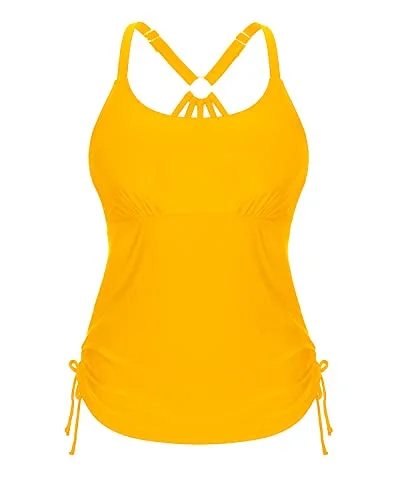 Loose Ruched Tankini Top With Tie Side Drawstrings Tank Tops Women-Yellow Sporty Swim Shorts