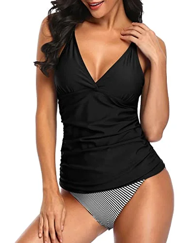 Two Piece Ruched Panel Tummy Control Swimsuits For Women-Black Stripe Sporty Racerback Swimsuit