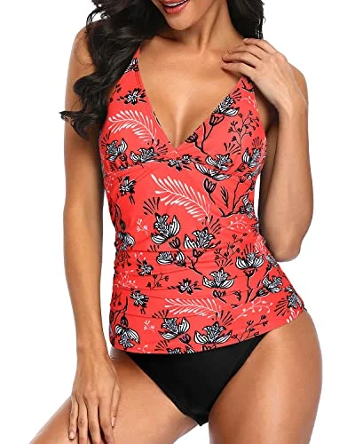 Flattering V Neck Tankini Set Swimsuits For Women-Red Floral Plunge Back Swimsuit