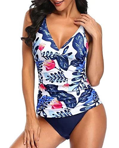 Two Piece Push Up Tankini Top Bathing Suits For Women-White And Blue Floral Retro-Inspired Bikini Set