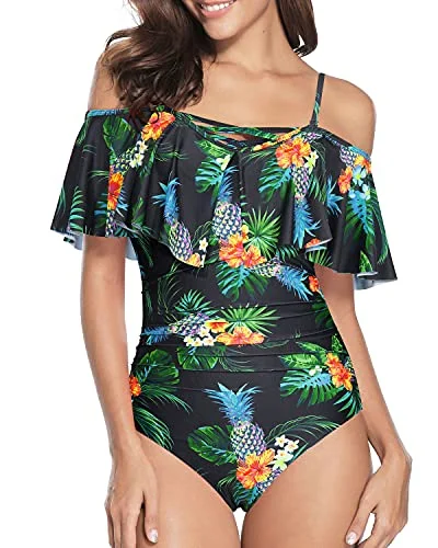 Off Shoulder Tummy Control One Piece Swimsuits For Women-Black Pineapple Chic Beach Cover-Up