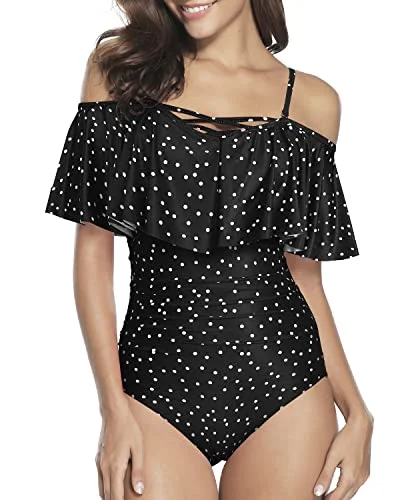 Criss Cross Lace Up One Piece Swimsuits For Women-Black White Dot Adjustable Swim Top