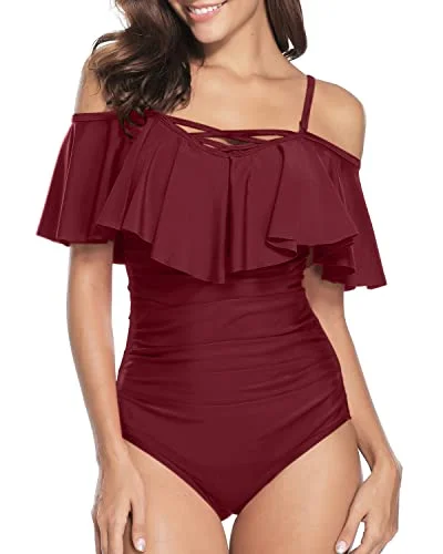 Best Vintage Ruffle Swimwear With Bathing Suits For Women-Maroon Sexy Monokini Swimsuit