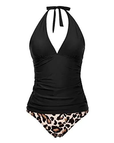 Two Piece Adjustable Self Tie Shoulder Straps Tankini Set-Black And Leopard Beach Ready Swimsuit