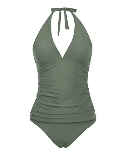 Sexy Charming V Neck Two Piece Tankini Swimwear For Teenagers-Olive Green Solid Color Swimsuit