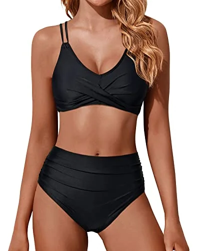 Twist Front High Waisted Bikini Set Two Piece Swimsuits Push Up Wrap Swim Suits-Black Full Coverage Swimsuit