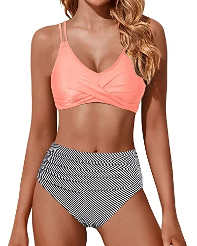 Ruched High Waisted Bikini Set Two Piece Swimsuits Push Up Wrap Swim Suits-Coral Pink Stripe Stylish Beachwear Set