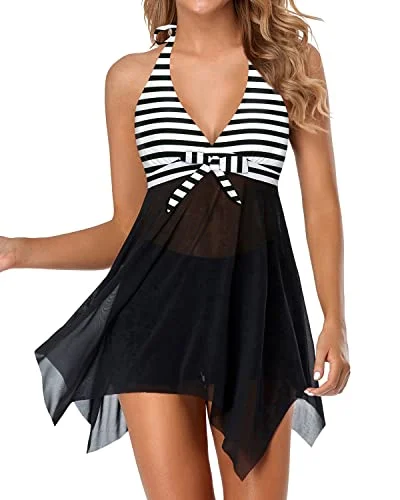 Asymmetrical V Neck Swimdress With Tummy Control Boy Shorts-Black And White Stripe Tropical Print Bikini