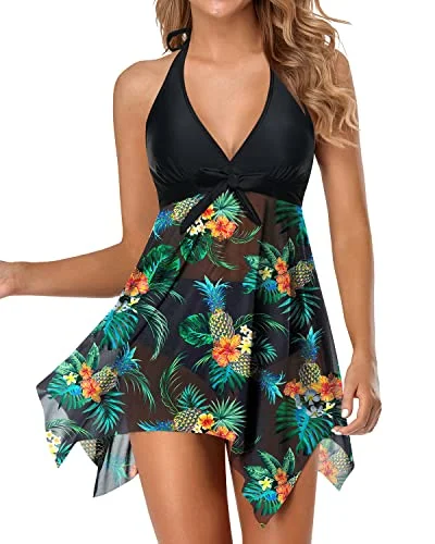 V Neck Two Piece Swimsuit For Women With Tummy Control Boy Shorts-Black Pineapple High-Cut One-Piece