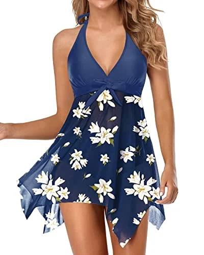 V Neck Swimsuit With Flowy Dress And High Waisted Bottoms-Blue White Sexy Cutout Swimsuit