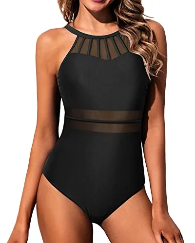 Tummy Control Halter Slimming Bathing Suit Mesh Swimwear For Teen Girls-Black Strap Bikini Set