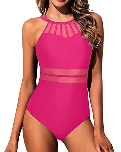 Women High Neck One Piece Swimsuit Tummy Control Halter Slimming Swimwear-Neon Pink Bold High-Cut Bikini