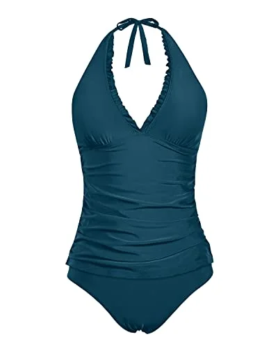 Two Piece V Neck Tankini Swimsuits With Bikini Bottoms For Women-Teal Elegant Halter Bikini