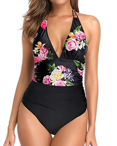 Vintage Women One Piece Swimsuit Tummy Control Plunge V Neck Swimwear-Black Floral Lace Back Bikini