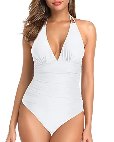 Halter V Neck Sexy Plunge One Piece Swimsuit Women Tummy Control-White Retro Swimwear Style