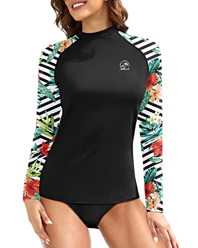 Women's Long Sleeve Rash Guard Swim Top With Upf 50+ Sun Protection-Black And Striped Strappy Back Bikini