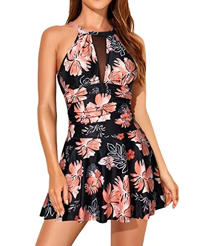 High Neck Removable Padded Cup Swimdress Swimsuits For Women-Black Orange Floral Floral Print Swimsuit