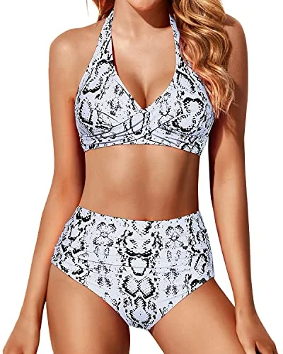 Halter Top Swimsuit With Ruched Tummy Control High Waisted Bikini Set-Snake Print Comfortable Tankini Set