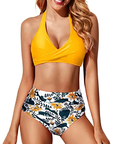 Ruched Twist Front Bikini Top With Bottoms High Waisted Swimsuit-Yellow Floral Mesh Detail Bikini