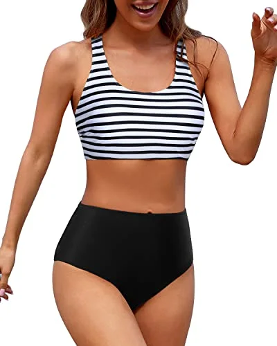 Full Coverage Modest Coverage With Women's Sporty Swimsuit-Black And White Stripe Color-Block Bikini