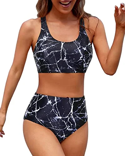 Sporty Women's Two Piece Bikini Sports Crop Top Swimsuit-Black Marble Trendy Swimwear Set