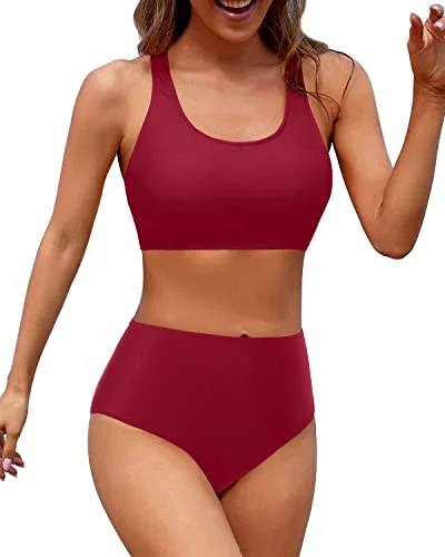 Two Piece Women High Waisted Bikini Sports Crop Top Swimsuit-Red Casual Swim Dress