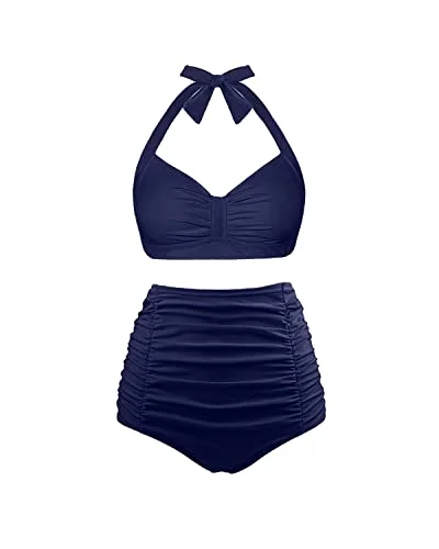 Push Up Halter Women's Maternity Swimsuit For Moms And Juniors-Navy Blue Comfortable Tankini Set