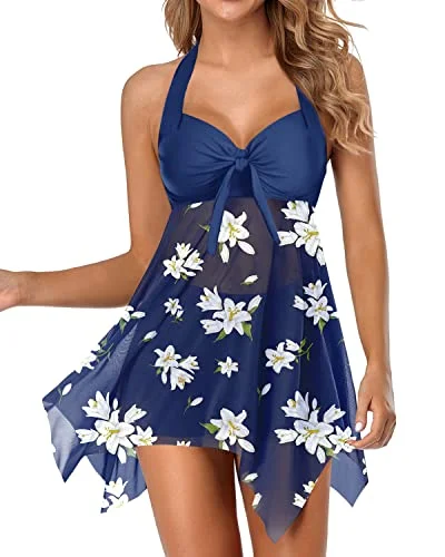 Underwire Swimsuits With Full Coverage For Women And Girls-Blue White Elegant Ruffle Swimsuit