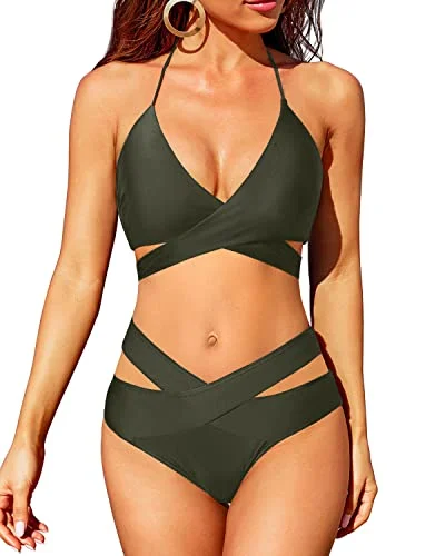 Crossed V Shaped Waist Wrap Bandage Bikini Halter Neck Swimsuit-Army Green Reversible Bikini Set