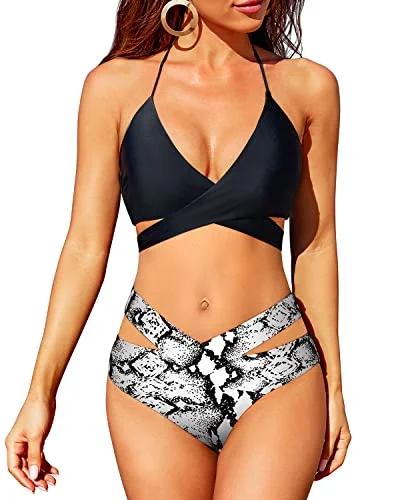 High Leg Criss Cross Bikini High Waisted Push Up Swimsuit-Black And White Snake Print Sexy Monokini Swimsuit