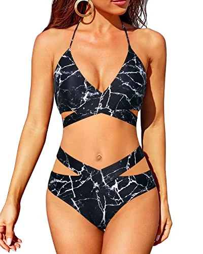 High Waisted Bikini Sets For Women Halter Wrap Criss Cross Two Piece Swimsuit-Black Marble Sleek Racerback Swimsuit