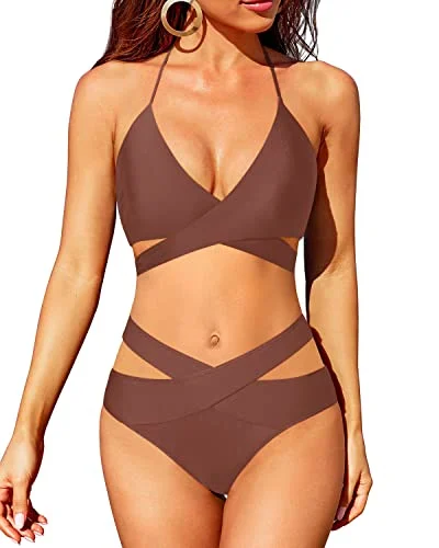 High Leg Two Piece Swimsuit Push Up Criss Cross Bathing Suit-Brown Classic Sporty Swimsuit