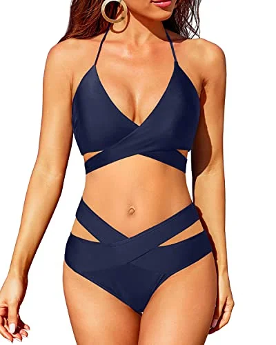 Wrap Bandage Criss Cross Bikini Set High Waisted Push Up Swimsuit-Navy Blue Timeless Black Bikini