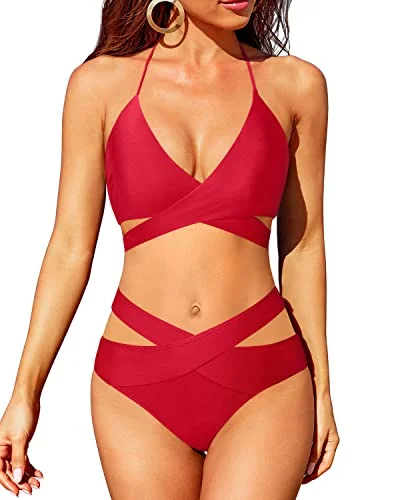 High Leg Women's Bikini Push Up Swimsuit Halter Wrap Bathing Suit-Red Strappy Back Bikini