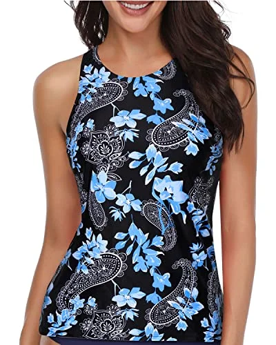 Women's Tummy Control Tankini Top Swimsuit Top-Blue Floral Plunge Back Swimsuit