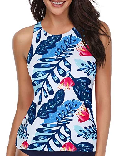 Ladies High Neck Tankini Top Swimwear Modest Bathing Suit Tops-White And Blue Floral Classic Two-Piece Bikini