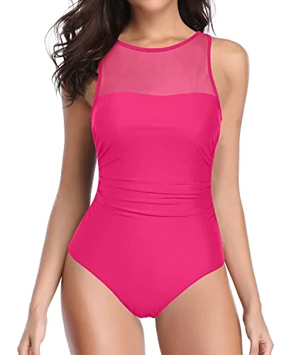 Women High Neck One Piece Swimsuits For Women Open Back Swimwear-Neon Pink High-Cut One-Piece