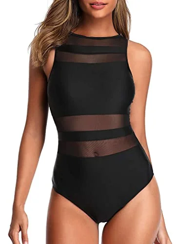 Slimming High Neck One Piece Swimsuits For Women Mesh Bathing Suits-Black Classic Swimsuit Design