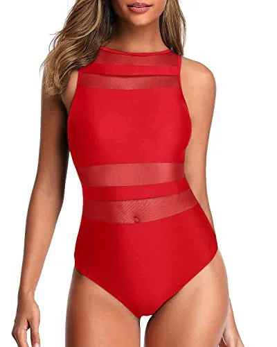 Slimming Women's High Neck One Piece Swimsuits Open Back Swimwear-Red Halter Top Bikini