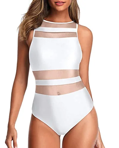 High Neck One Piece Swimsuits For Women Open Back Swimwear-White Swim Skirt Set