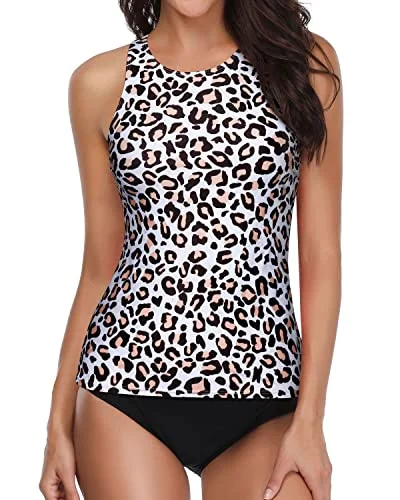 Deep Scoop Back Tankini Swimsuits For Women-Black And Leopard Soft Beachwear Set