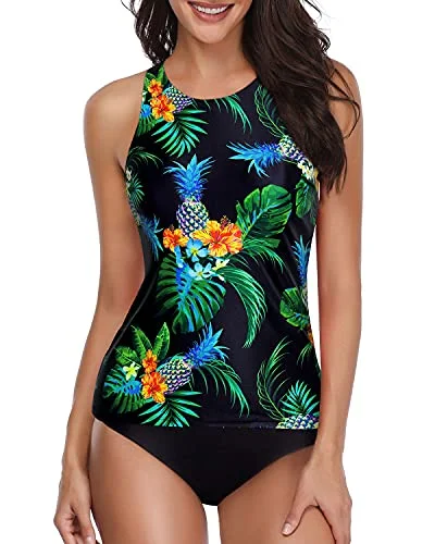 Trendy Tummy Control Tankini 2 Piece Swimsuit With Shorts-Black Pineapple Chic Beach Cover-Up