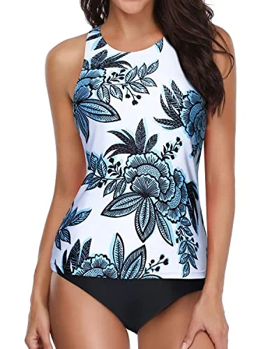 Tummy Control Slimming Tankinis For Women-White And Blue Floral Adjustable Strap Swimsuit