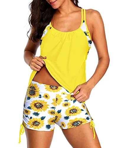 Criss Cross Tankini Swimsuits Two Piece Tummy Control Bathing Suits-Yellow And Sunflower Classic Monokini Design