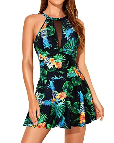 Women's One Piece High Neck Swimdress Tummy Control Halter Swimsuit Dress Floral Bikini Top