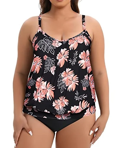 Women's Plus Size Crew Neck Blouson Tummy Control High Waisted Tankini Set With Built-In Brief-black orange floral1 Push-Up Bikini Bottoms