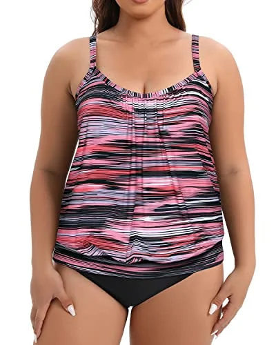 Blouson Tankini Tops With Swim Bottoms For Women-Pink Stripe Floral Print Swimsuit