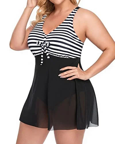 Plus Size Tummy Control Swimsuit For Women Swimdress-Black And White Stripe Push-Up Swimsuit Top